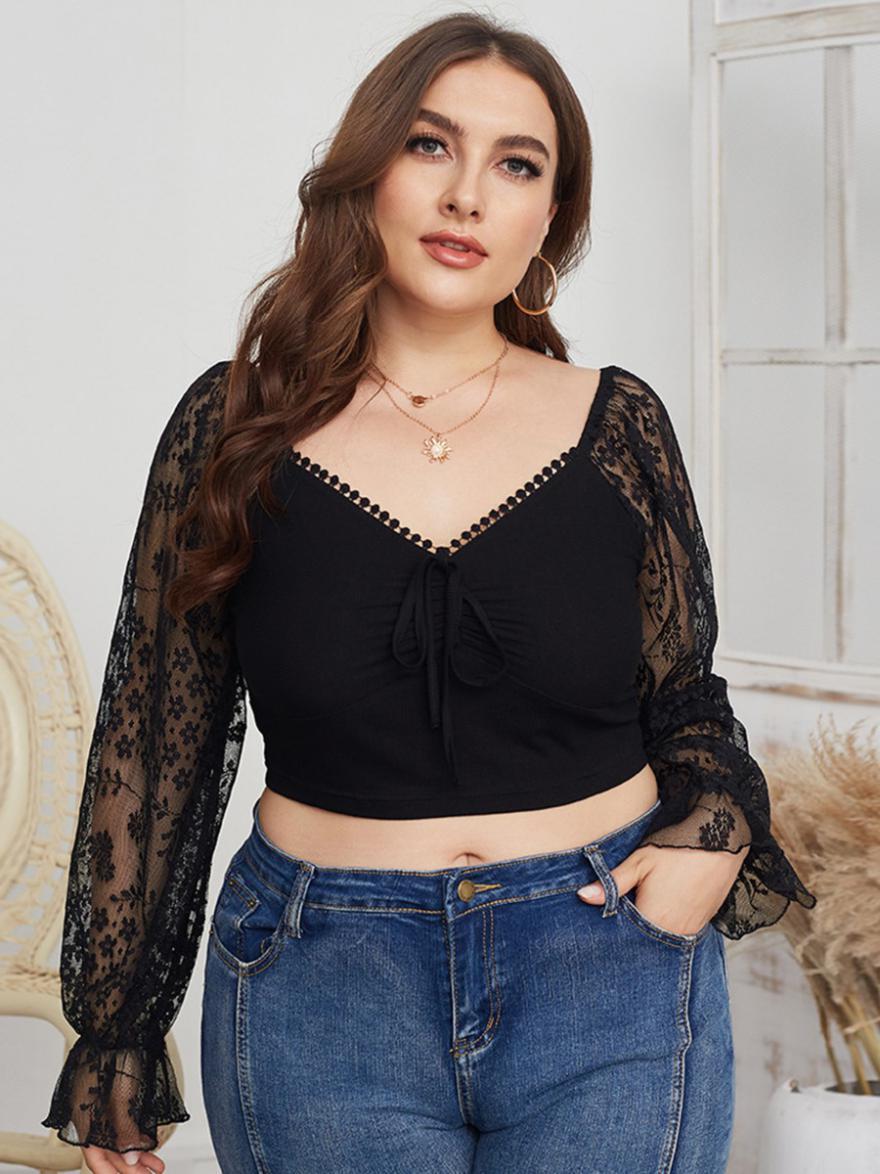 shestar wholesale plus size flower embroidered mesh sleeve black crop top
