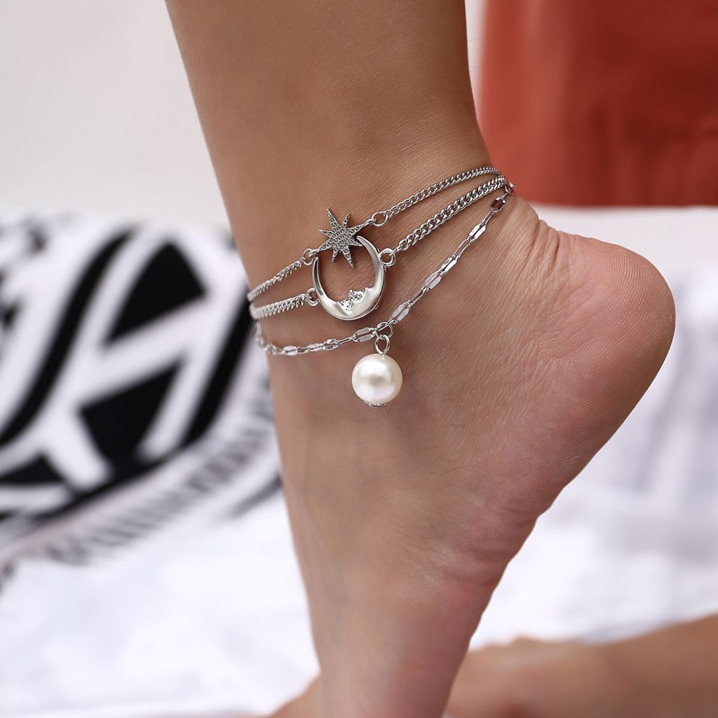 Fashion Moon & Star Pearl Chain Anklet